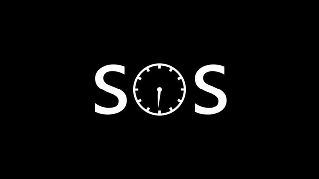 A beautiful clock animation with text SOS.Abstract representing time emergency concept icon animation on black background.