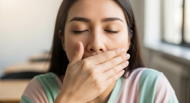 Student yawning with hand over mouth in classroom, showing fatigue and boredom during lesson. Yawning student gestures indicate tiredness, reflecting common classroom experiences in education.