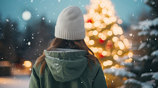 Back view of a woman in winter hat looking at blurred Christmas tree lights in the snow