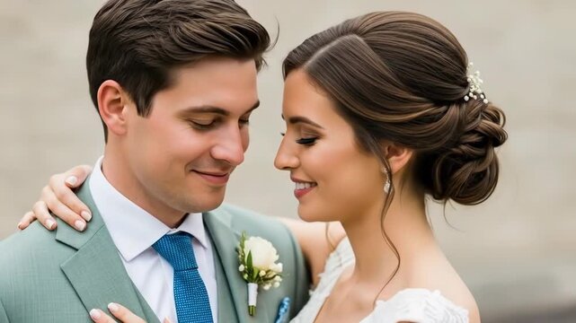 A romantic portrait of a newlywed couple sharing an intimate wedding moment