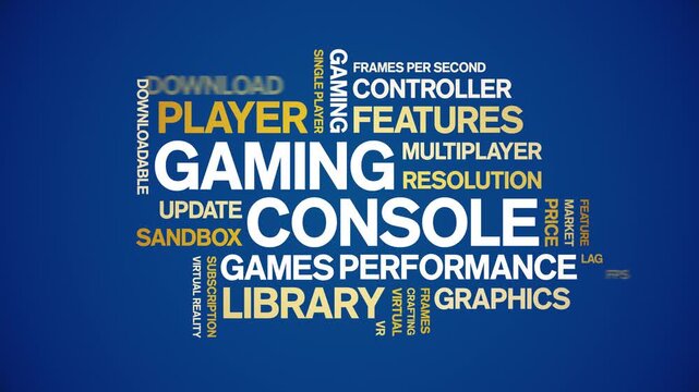 Gaming Console animated word cloud-gross domestic product animation tag kinetic typography seamless loop.
