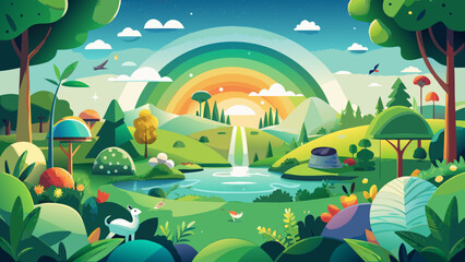 Fototapeta premium Whimsical landscape, colorful rainbow, green hills, cartoon scenery, nature background