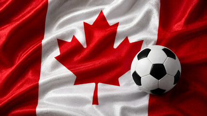 A classic black and white soccer ball resting on the textured fabric of the Canadian flag, representing sports culture and national pride in Canada.