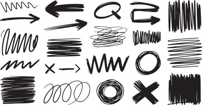 Black hand drawn doodle elements arrows circles scribbles and crosses