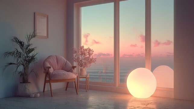 Minimalist calm room with a warm glowing lamp, soft pastel tones, retro-modern decor, gentle evening light and quiet introspective atmosphere, cinematic soft lighting enhancing serene mood