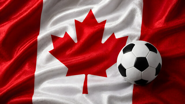 A classic black and white soccer ball resting on the textured fabric of the Canadian flag, representing sports culture and national pride in Canada.