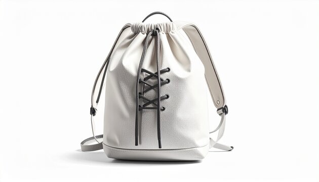 A minimalist drawstring backpack with lace‑up front design, smooth texture, and modern aesthetic, symbolizing fashion, utility, and contemporary style.