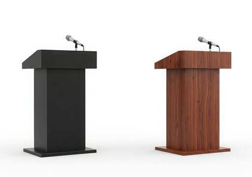 Two lecterns with microphones on a white background