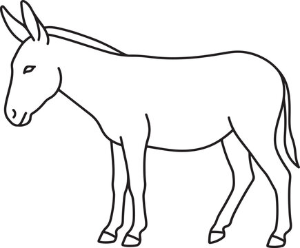 Simple black and white line art drawing of a standing donkey isolated on a clean white background for creative projects