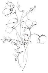 Fototapeta premium Line art floral meadow bouquet pencil sketch, hand drawn bouquet of wildflowers, field floral arrangements