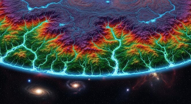 Fantastical alien world showcasing a complex network of luminous blue-green energy streams across a richly colored planetary surface from deep space