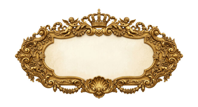 Ornate baroque gold frame with crown and cherubs, isolated on transparent background