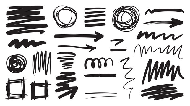 Collection of black hand drawn marker strokes arrows and shapes