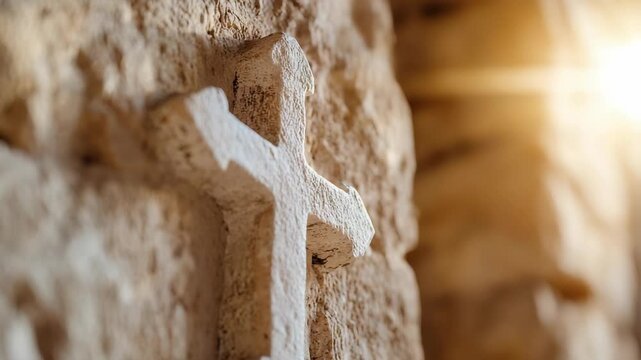 Close-up view of a cross carved into an ancient stone wall. The light highlights the details of the carving. This shows the skill and artistry of early craftsmen in this historical site