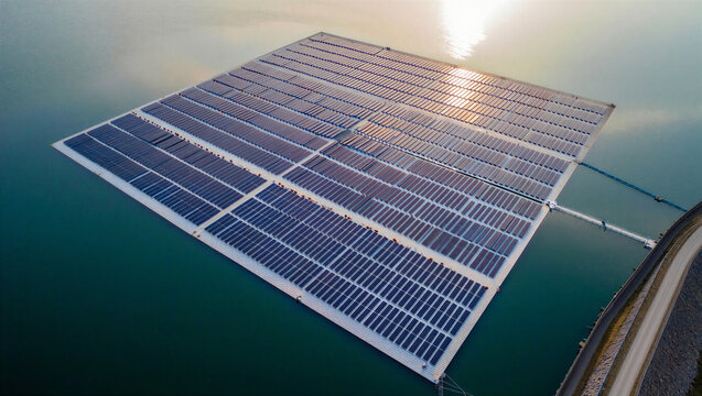 Aerial view of a large floating solar panel array on a calm blue reservoir during sunset with reflections of light on the water surface
