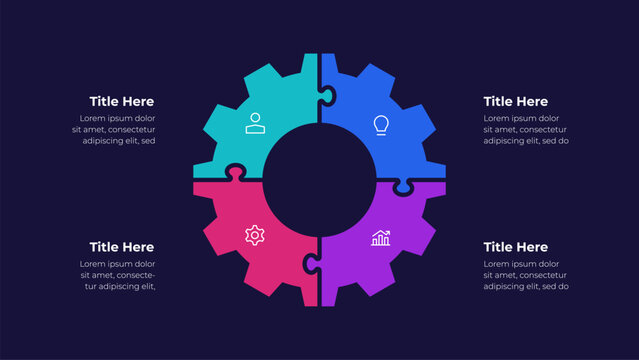 Four Segment Gear Puzzle Infographic for Business Workflow, System Integration and Process Planning on Dark Background