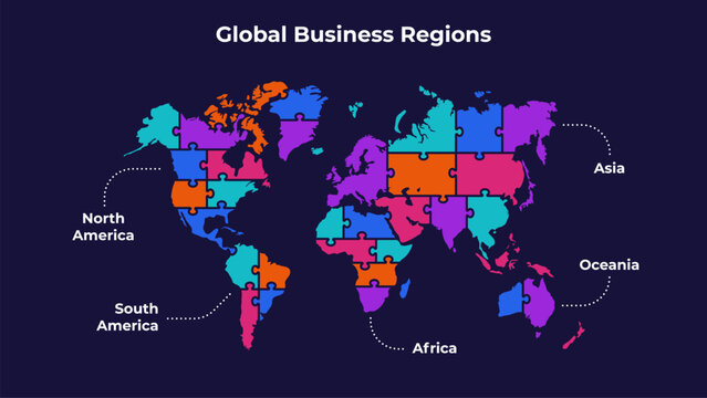 Five Region Global Business Puzzle World Map Infographic for International Market Planning on Dark Background
