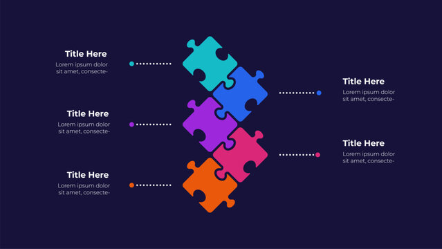 Five Piece Vertical Puzzle Process Infographic with Callout Lines for Business Workflow on Dark Background