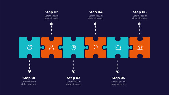 Six Step Horizontal Puzzle Timeline Infographic with Connected Pieces for Business Workflow on Dark Background