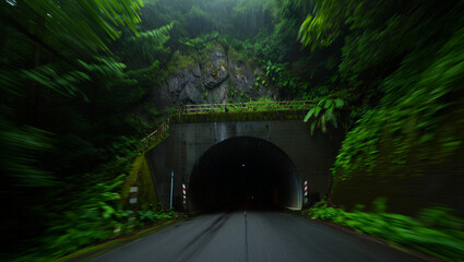 Motion blurred view of a dark mountain tunnel entrance surrounded by lush green forest vegetation on a misty and overcast day in the mountains © Himel2003
