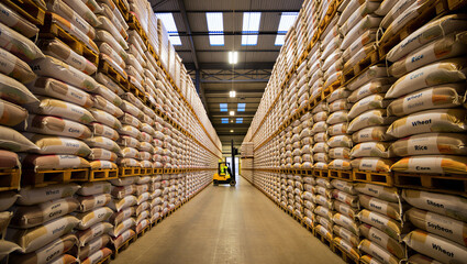 Wide angle view inside a large industrial warehouse with tall shelves stacked with white sacks of grain, rice, wheat, and soy products © Himel2003