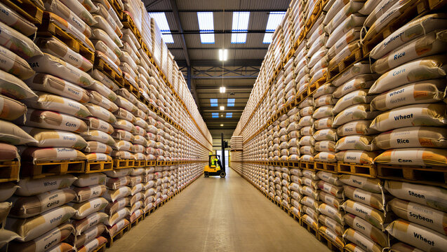 Wide angle view inside a large industrial warehouse with tall shelves stacked with white sacks of grain, rice, wheat, and soy products