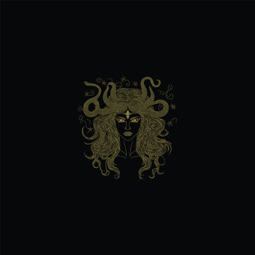 engraving illustration of a powerful Medusa gorgon with intricate snake-hair, a third eye, and a stippled face mask
