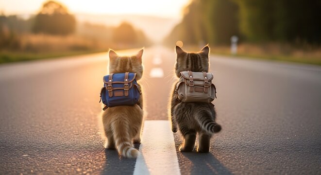 Two adorable kittens wearing backpacks walking down a scenic road during sunset