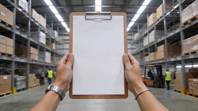 A pair of hands holding a blank wooden clipboard with white paper in a large industrial warehouse during a busy workday shift for logistics and inventory