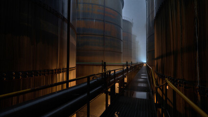 Narrow metal walkway between massive cylindrical storage tanks in a dark, foggy industrial facility with dim lighting and steel structures © Himel2003