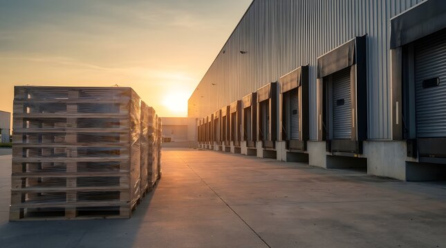 Wooden pallets wrapped in plastic film sit outside a modern industrial warehouse at golden hour sunset