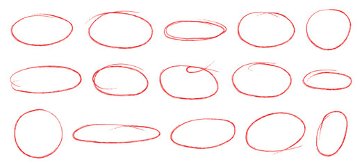Naklejka na ściany i meble Hand drawn red crayon ovals and circles set. Ellipse pencil doodle style collection, rough thin round frames, freehand highlight shapes, annotation marks, vector elements for diagrams.
