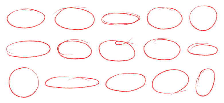 Hand drawn red crayon ovals and circles set.  Ellipse pencil doodle style collection, rough thin round frames, freehand highlight shapes, annotation marks, vector elements for diagrams.