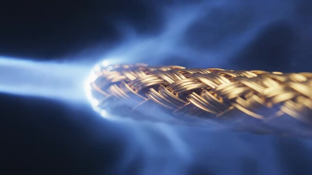 Closeup of braided metallic cable with light
