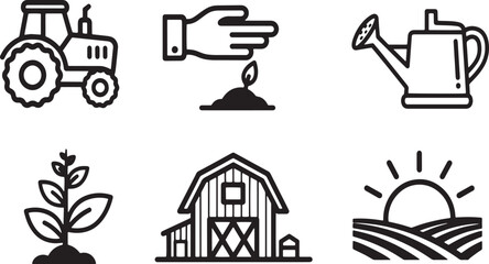 Agriculture and Farming Icon Set - Farm Tractor, Planting Seed, Watering Can, Growing Plant, Rustic Barn, and Field Sunrise Vector Icons © Rodla