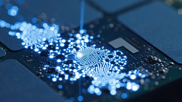 Closeup of a wet electronic circuit board