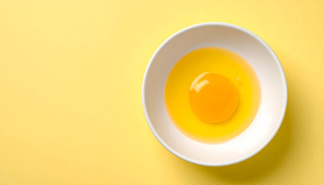 Raw egg yolk and white in a ceramic bowl on a bright yellow background with negative space