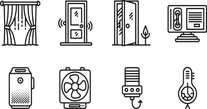 Smart Home and Household Appliances Icon Set - Automated Curtains, Door Sensor, Open Door, Intercom System, Smart Speaker, Electric Fan, Microphone, and Thermometer Vector Icons