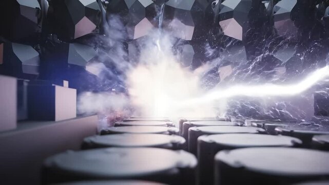 Futuristic geometric structure with electric sparks