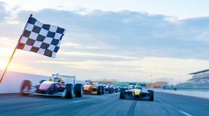Fototapeta premium Speeding race cars crossing the finish line with a checkered flag waving, showing victory and competition on the track