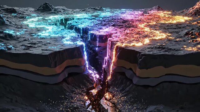 Underground cavern with glowing waterfall