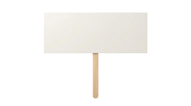 Blank white cardboard placard sign on wooden stick, isolated on transparent background