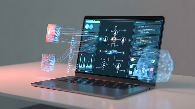 Artificial intelligence automation concept with digital AI agents and workflow interface on laptop, machine learning, smart technology, business automation, coding system, and data integration.
