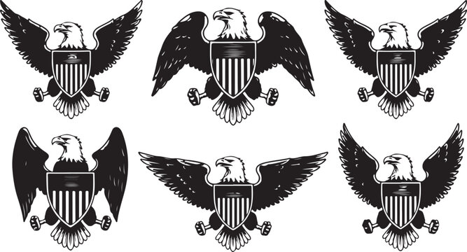 Collection of six black and white bald eagles with shields