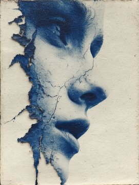 Spectral negative of Chinese female face dissolving into liquid obsidian, hand-drawn portrait on handmade paper with Prussian blue tones, surreal abstract expression and emotional haunting effects