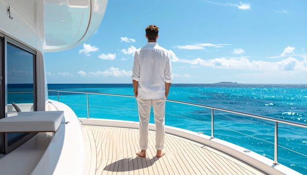 Man standing on luxury yacht deck overlooking ocean.