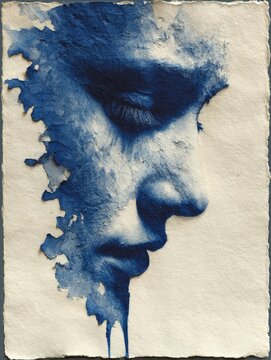 Spectral negative of Chinese female face dissolving into liquid obsidian, hand-drawn portrait on handmade paper with Prussian blue tones, surreal abstract expression and emotional haunting effects