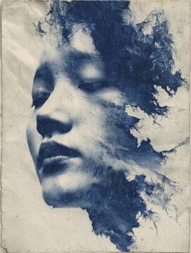Spectral negative of Chinese female face dissolving into liquid obsidian, hand-drawn portrait on handmade paper with Prussian blue tones, surreal abstract expression and emotional haunting effects
