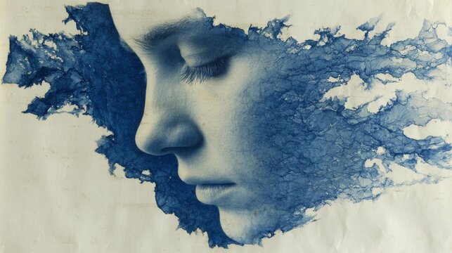 Spectral negative of Chinese female face dissolving into liquid obsidian, hand-drawn portrait on handmade paper with Prussian blue tones, surreal abstract expression and emotional haunting effects