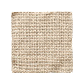 Burlap fabric swatch with frayed edges isolated. Beige canvas texture element.